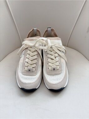 Chanel Beige & White Knit Runner Sneakers